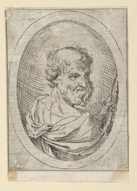 Saint Simon seen from behind, turning to the right and holding a saw, in an oval frame, 1600-1640. Creator: Anon.