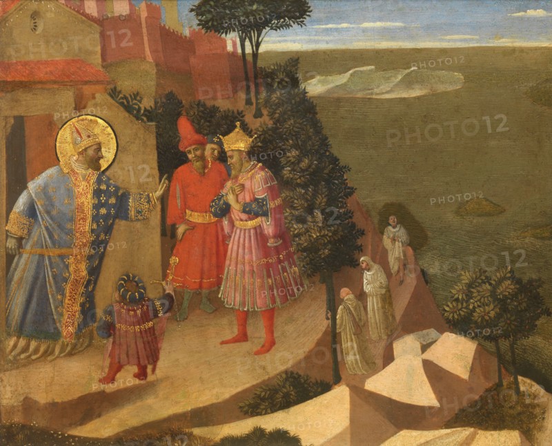 Saint Romuald Forbidding Entry to the Monastery to Emperor Otto III, ca 1430-1435. Creator: Angelico, Fra Giovanni, da Fiesole (ca. 1400-1455).