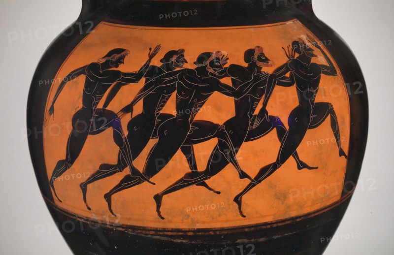 Panathenaic prize amphora with marathon runners at the Olympic games, ca 550-530 BC. Creator: Euphiletos, Attic vase painter (6th century BC).