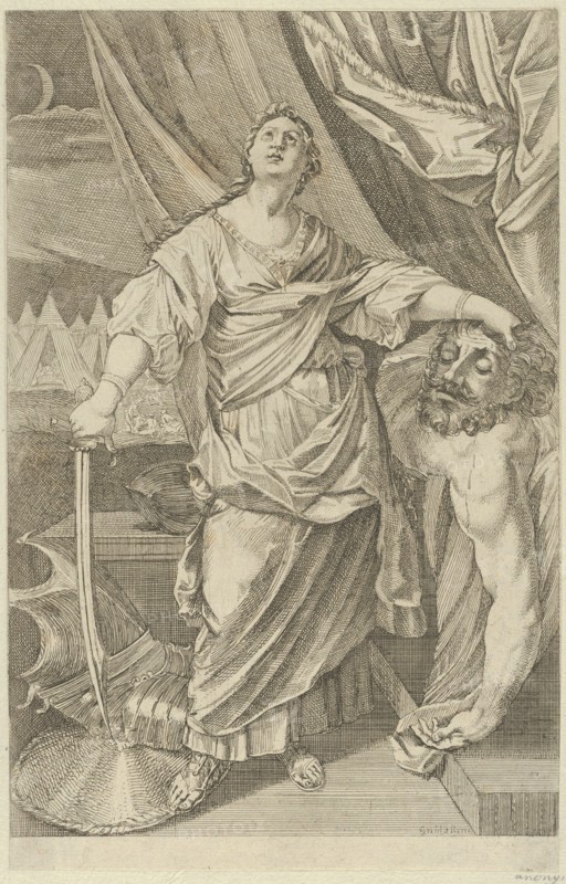 Judith standing and looking up, holding the head of Holofernes in her left hand and a..., 1650-1750. Creator: Anon.