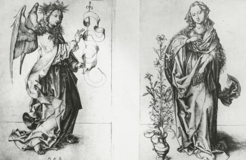 Reproduction of print showing: Madonna and Archangel Gabriel , between 1915 and 1925. Creator: Martin Schongauer.