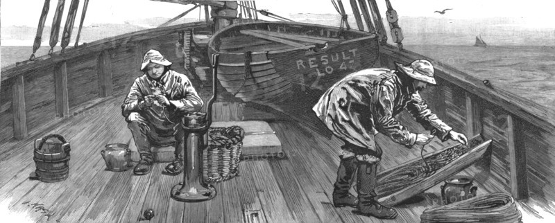 'Long-line fishing in the North Sea, on deck baiting the lines', 1886.  Creator: Unknown.