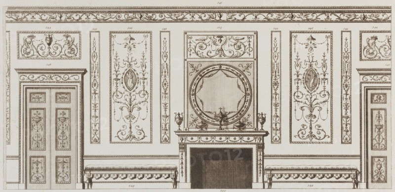 Interior design of wall with door, fireplace, panels and benches (in "Designs for Various Ornaments," pl. 52), 1784.