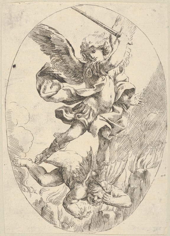 The winged archangel Saint Michael holding a sword and standing on the head of the devil, 1600-1640. Creator: Anon.