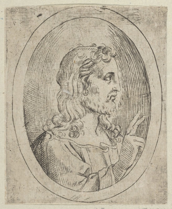 Christ seen in profile facing right, making the sign of blessing with his right hand, 1600-1640. Creator: Anon.