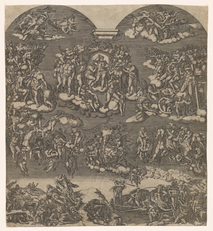 The Last Judgment, Christ at top center surrounded by many figures, below figures..., ca. 1550-1600. Creator: Anon.