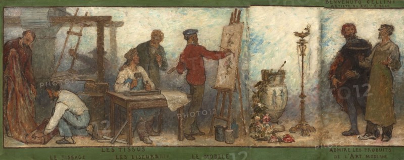 Benvenuto Cellini, 16th century artist, admiring products of modern art: Fabrics: Sketch..., 1880. Creator: Edmond Eugene Valton.