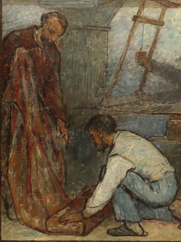 Benvenuto Cellini, 16th century artist, admiring products of modern art: Fabrics: Sketch..., 1880. Creator: Edmond Eugene Valton.