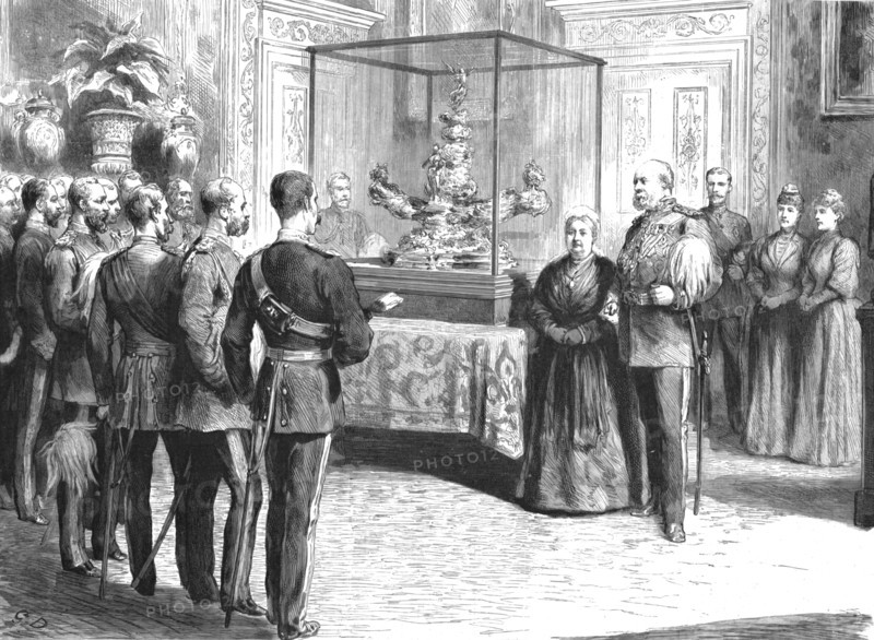 ''The Presentation of the Officers' Jubilee Memorial to Her Majesty at Buckingham Palace', 1890. Creator: Unknown.