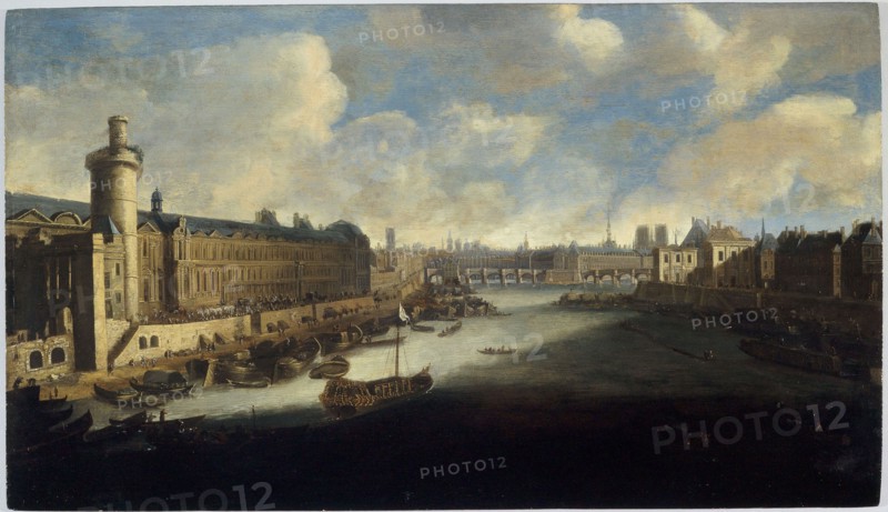Grande Galerie of the Louvre, with new gate, the Pont-Neuf, the city, College..., around 1665.  Creator: Unknown.