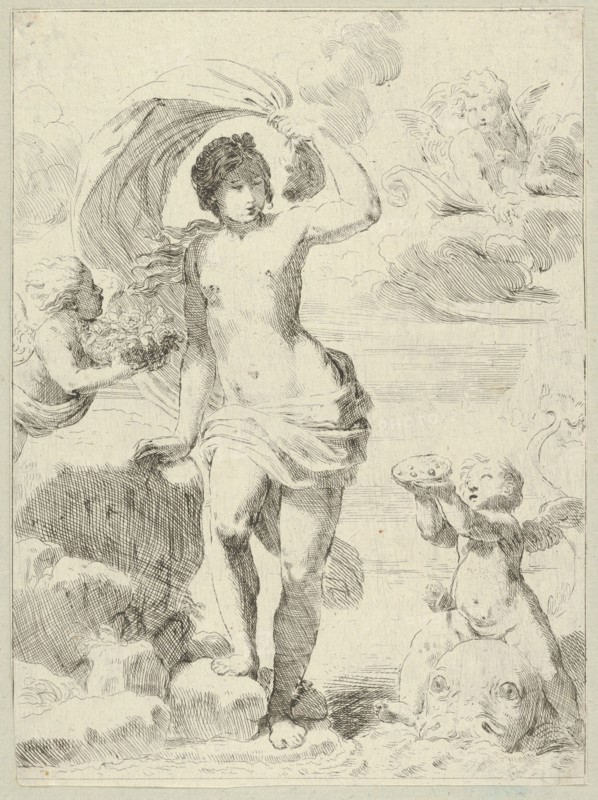 Venus stepping out of the sea, holding a billowing drapery in her left hand, Cupid.., ca. 1600-1640. Creator: Anon.