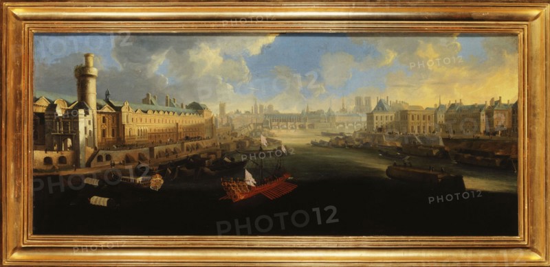 Grande Galerie of the Louvre, with new door, the Pont-Neuf, the city, the college..., around 1665. Creator: Unknown.