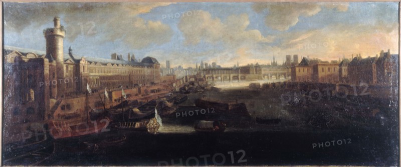 Grande Galerie of the Louvre, with new gate, the Pont-Neuf, the city, the college..., around 1665. Creator: Unknown.