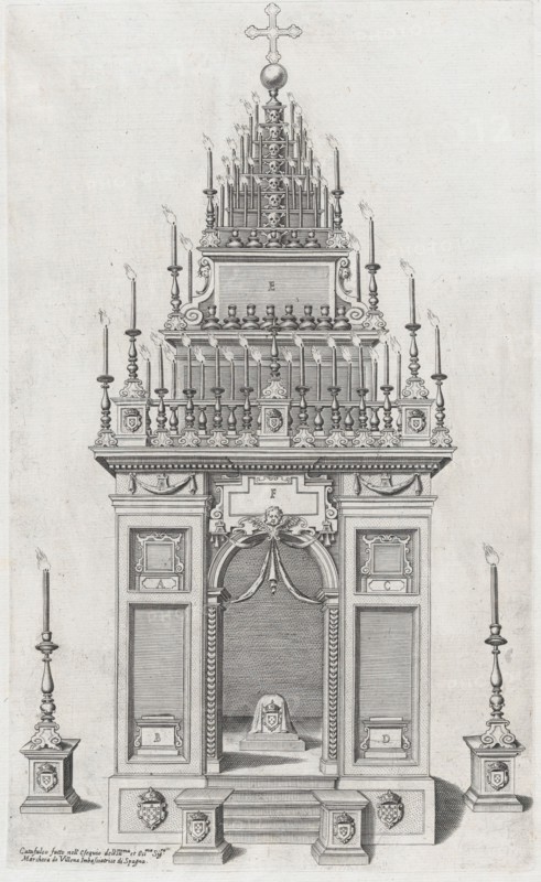 Design of the catafalque for the exequies of the Marchesa di Villena in San Giacomo degli ..., 1604. Creator: Anon.