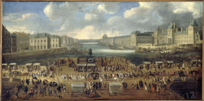 Pont-Neuf, seen from entrance to Place Dauphine, the Malaquais quay..., around 1669.  Creator: Unknown.
