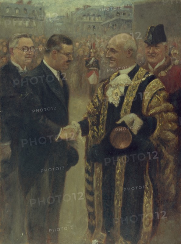 Sir George Broadbridge, Lord-Mayor of London, shaking hands with..., 1937. Creator: Noel Dorville.