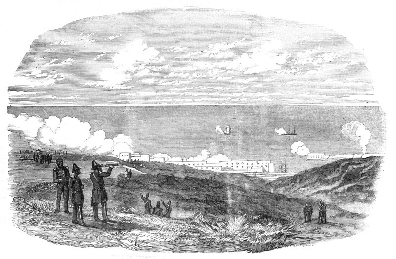 Sebastopol Batteries Firing at an Austrian Vessel, 1854. Creator: Unknown.
