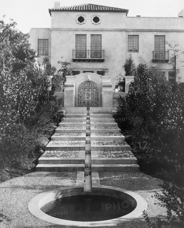 Pasadena, California, Mrs. Herbert Coppell home - pond at foot of long stairway leading..., 1917. Creator: Frances Benjamin Johnston.