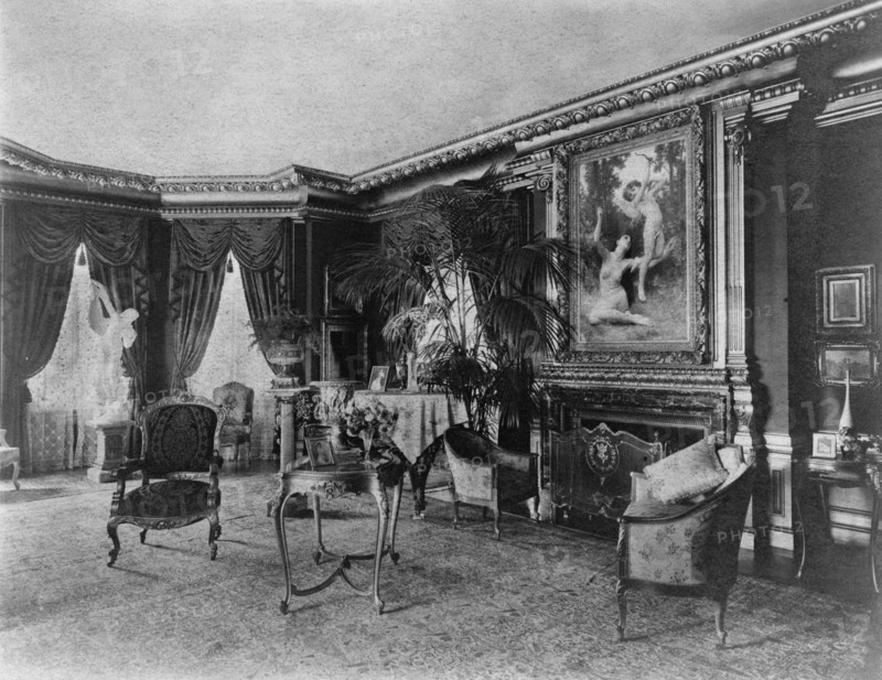 Interior with Bouguereau's "Flight of Love" over fireplace..., Greenwich, Connecticut, 1908. Creator: Frances Benjamin Johnston.