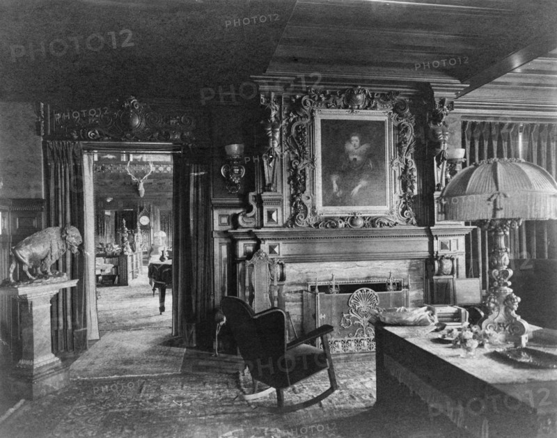 Study with portrait of woman in Elizabethan dress, over fireplace..., Greenwich, Connecticut, 1908. Creator: Frances Benjamin Johnston.