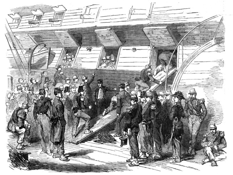 The 48th French Regiment of the Line embarking on board "The St. Vincent" English ship..., 1854. Creator: Unknown.