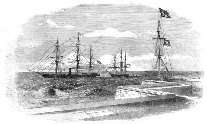 The British Steamer "Bengal" bringing a supposed Russian Prize into Madras Harbour, 1854. Creator: Unknown.