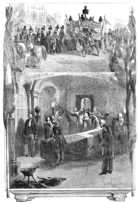 Interment of Marshal St. Arnaud in the Vault of the Marshals of France, beneath the Church..., 1854. Creator: Smyth.