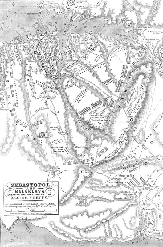 Sebastopol and Balaclava shewing the position of the Allied Forces, 1854. Creator: John Dower.