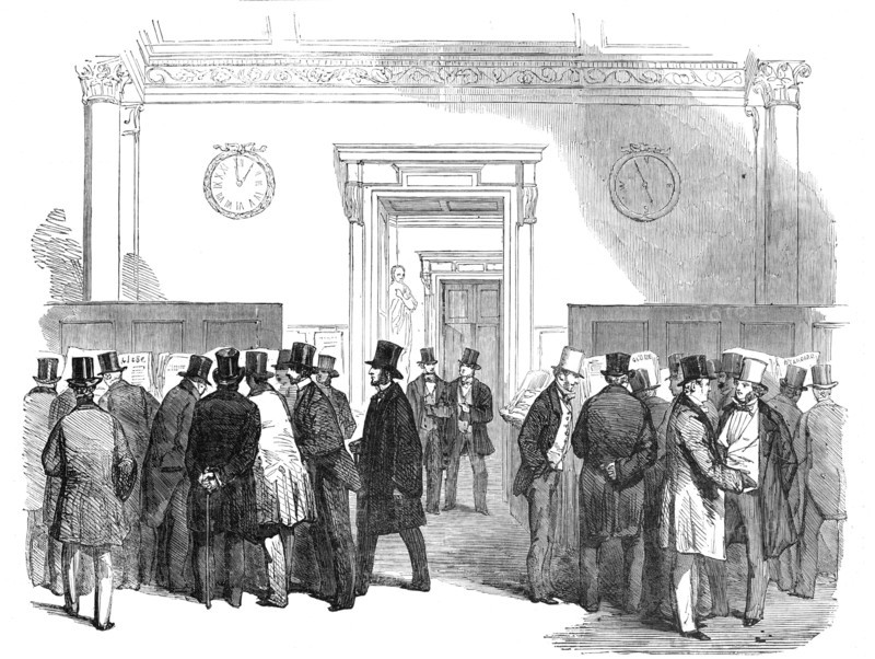 Lloyd's Merchants' Room - Reading the News of the Victory of the Alma, 1854. Creator: Unknown.