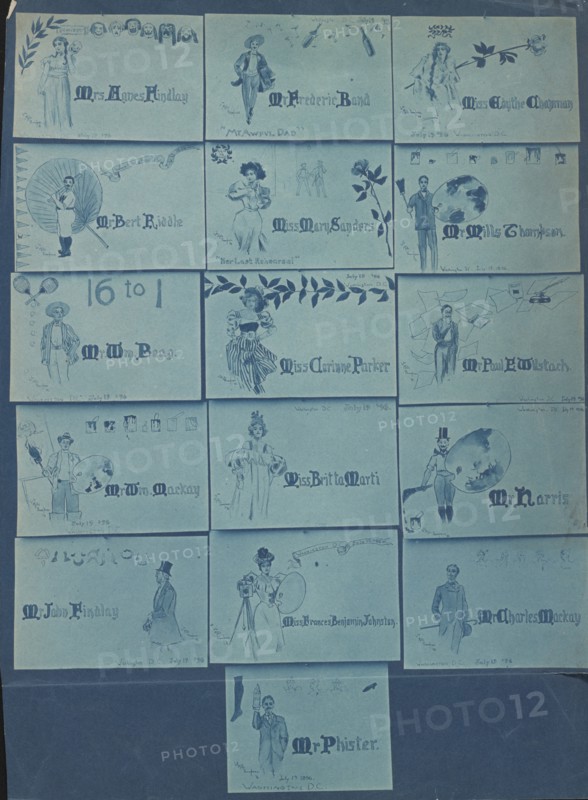 Photograph of 16 place cards drawn by Mills Thompson for artists, musicians, and actors..., 1896. Creator: Frances Benjamin Johnston.