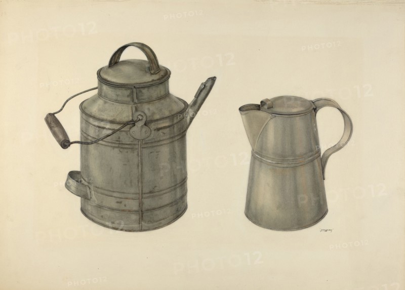 Zoar Tin Coffee Pot and Pail, c. 1938.
