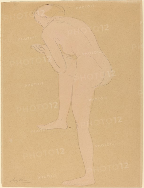 Figure Bending Forward with Right Knee Raised.