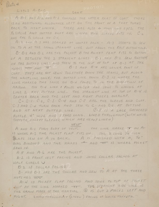 Written Instructions for Making Suit, c. 1938.