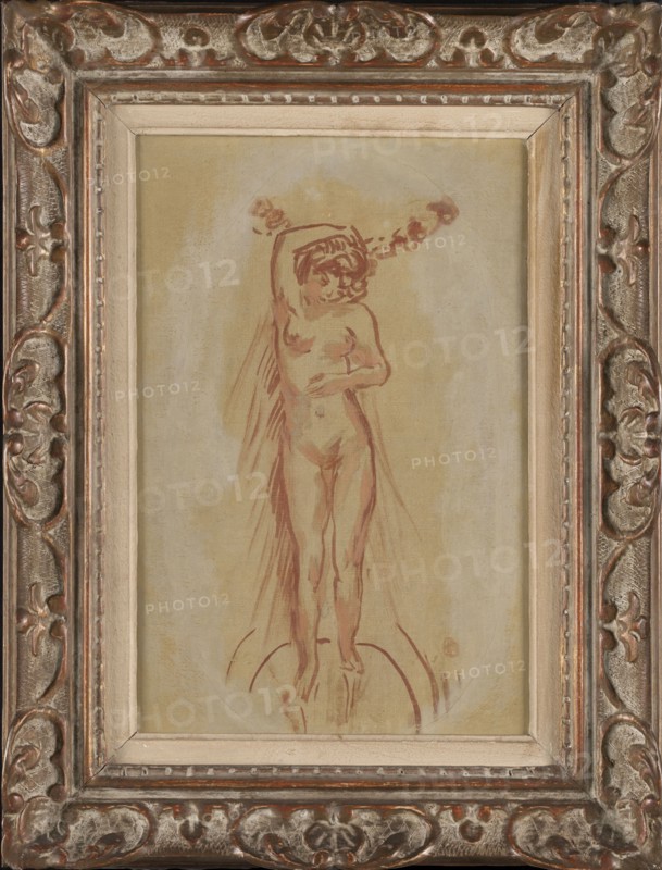 Nu de face, c.1905. Nude taking a bath, front view.