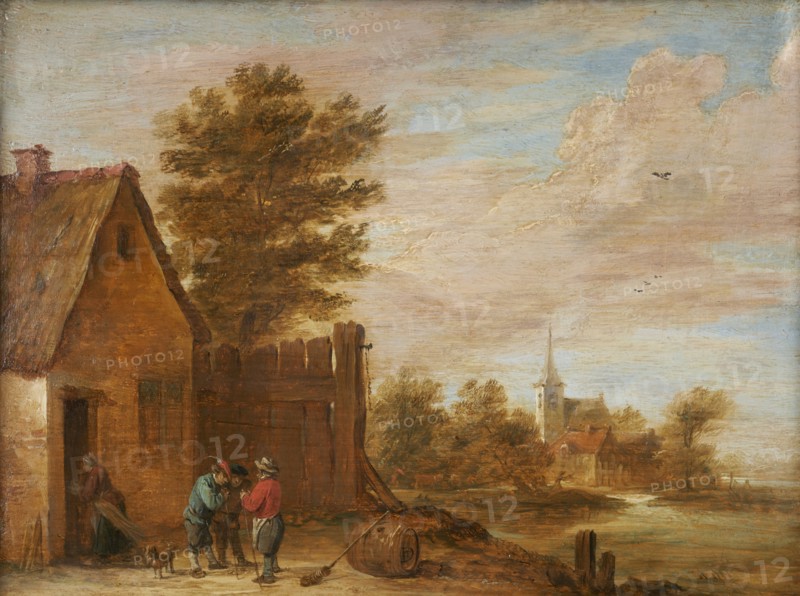 Peasants talking in front of an inn, between 1630 and 1690.
