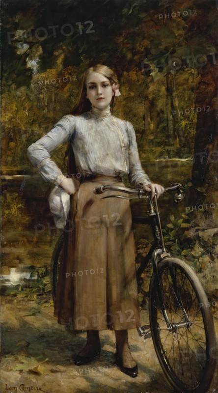 Bicyclette au Vésinet, 1903. Girl with bicycle at Le Vésinet.