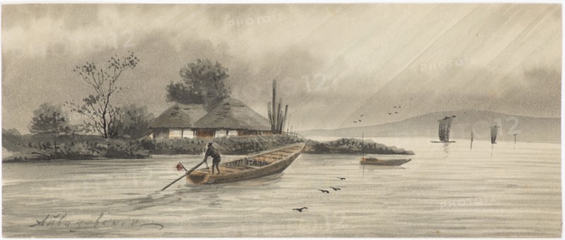 River landscape with two cottages, 1840s. Private Collection.