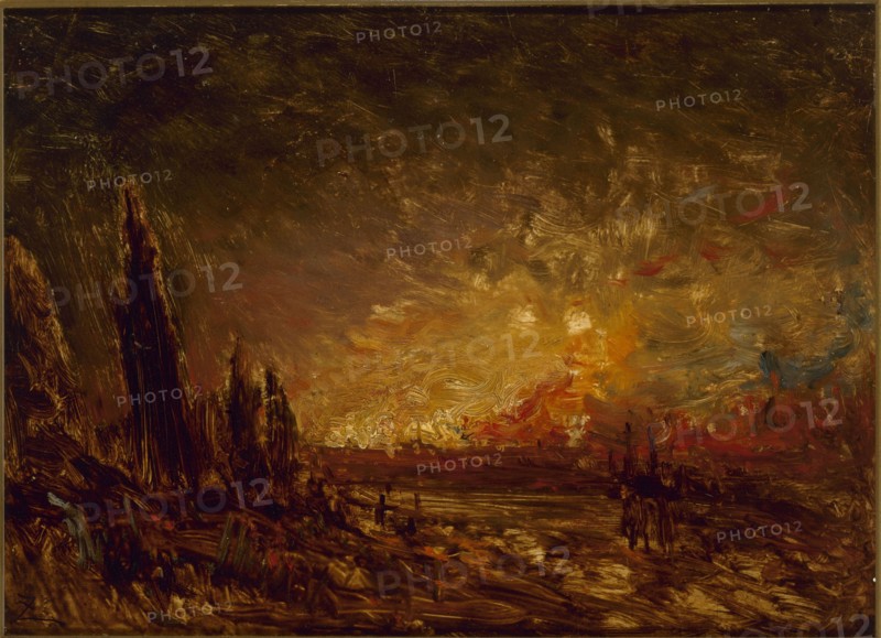 L'incendie. Fire, vestiges of charred trees in the foreground.