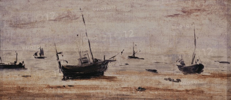 Bateaux échoués à marée basse, c.1895. Beached boats at low tide.