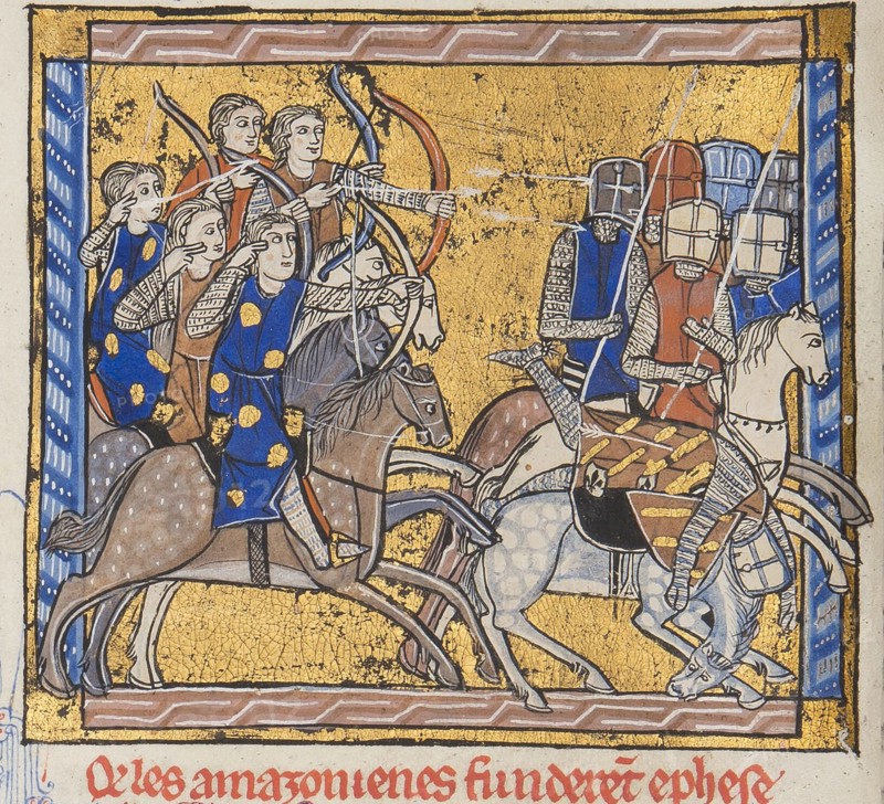 Amazons in battle. From "Histoires Roger", c. 1280. Creator: Anonymous.