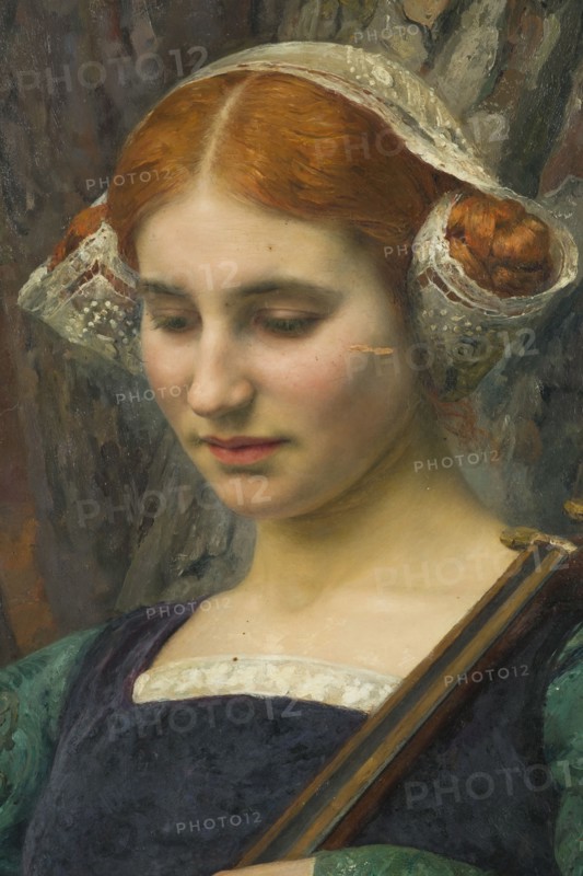 Jeune femme jouant de la mandore ou Solitude, 1910. Creator: Edgard Maxence.