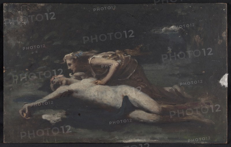 Pyrame et Thisbé, c.1875. Pyramus and Thisbe - Thisbe finds Pyramus' dead body.