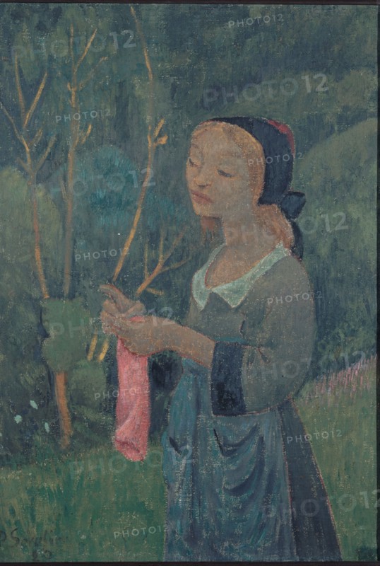 Tricoteuse au bas rose, 1920. Knitter with pink stocking. Young Bretonne woman.