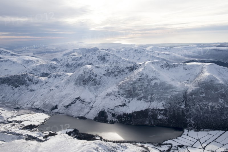 Buttermere Lake and Fell in the snow, Lake District National Park, Cumbria, 2018.