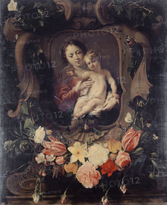 Vierge à l'enfant dans une couronne de fleurs, 17th century. Creator: Daniel Seghers.