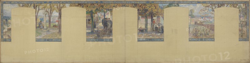 Esquisse pour la mairie de Fresnes : Paysage. Scènes de village, 1905. Village scenes.