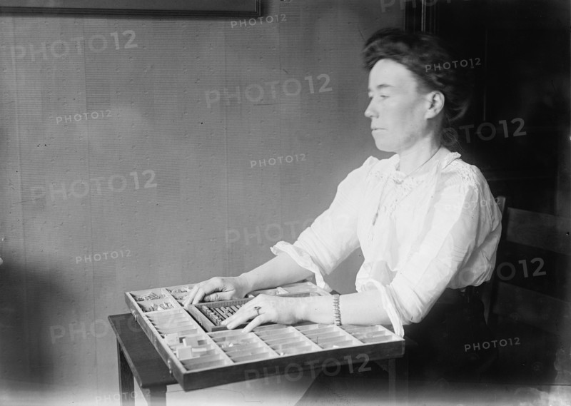 The Blind, Interiors of Library - Institute of The Blind, 1912. Woman with braille type.