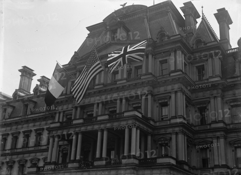 Allied Commission To U.S - Allied Flags On State Department, 1917. Creator: Harris & Ewing.