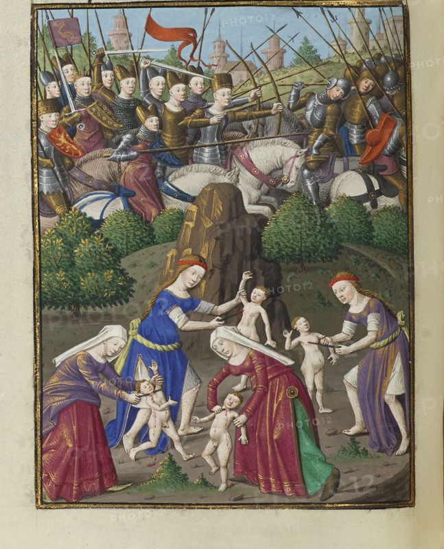 Amazons in battle. From Speculum historiale by Vincent de Beauvais, 1463. Creator: Anonymous.