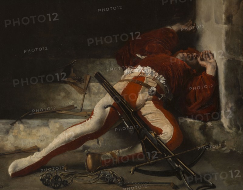 Le Guet-apens, 1869. The Ambush, detail. Man lying injured or dead, with a crossbow and arrows.